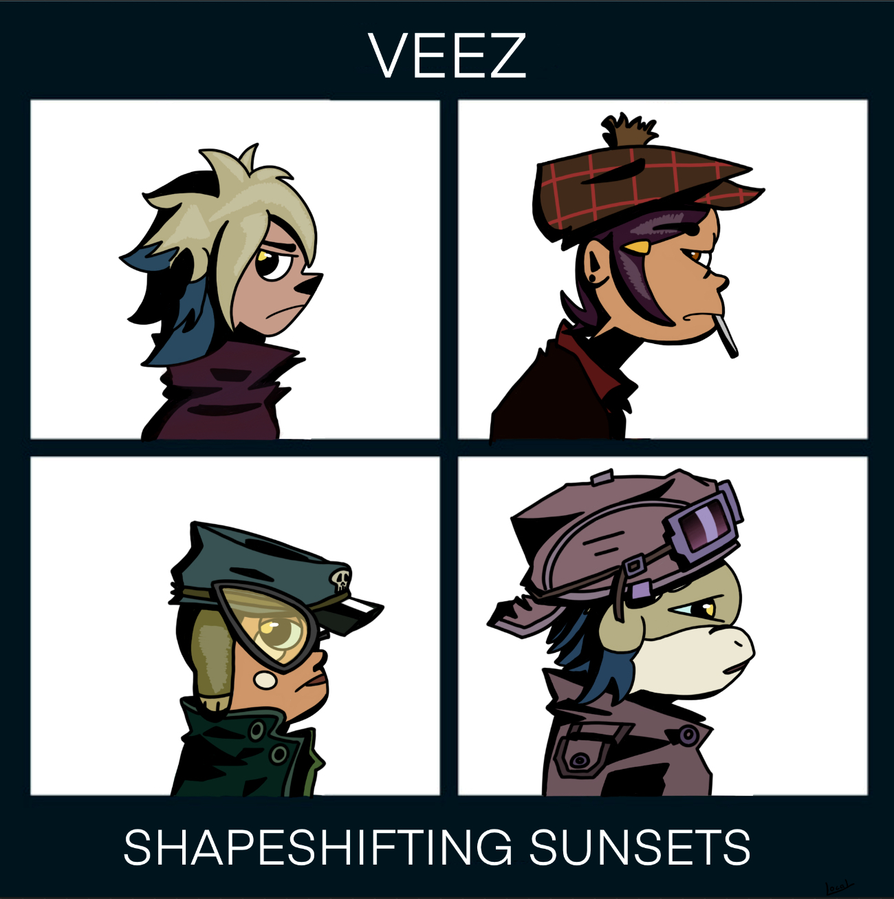 A four image digital drawing of Vee from The Owl House. The image replicates the album cover of Gorillaz’s Demon Days album, with a different version of Vee being represented as each member of the band. (Left to right, top to bottom: Vee original human form, Vee disguised as Luz, Vee partially disguised as Luz, Vee basilisk form). The words “VEEZ” and “SHAPESHIFTING SUNSETS” are displayed above and below the drawings of Vee.
